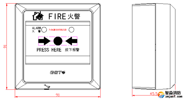 海灣J-SAM-GST9121B手動火災(zāi)報(bào)警按鈕示意圖